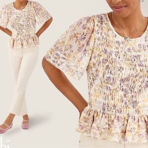CAbi Cream Floral Smocked Peplum Top with Lavender and Yellow Flowers